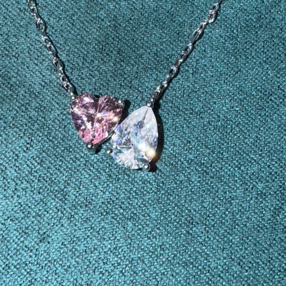 Pink Heart White Pear-Shaped Cubic Zirconia You & Me Necklace in Sterling Silver - Picture 12 of 12